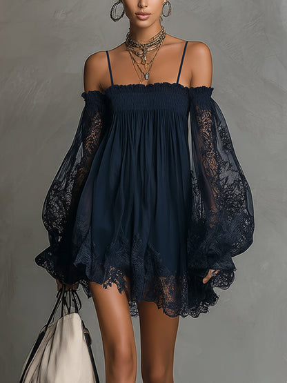 Noemi - Navy blue chiffon mini dress with off-the-shoulder neckline, lace trim and sheer sleeves