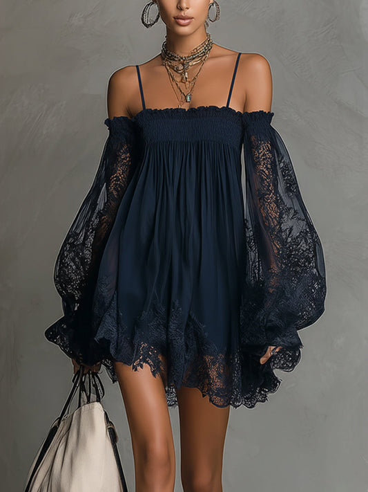 Noemi - Navy blue chiffon mini dress with off-the-shoulder neckline, lace trim and sheer sleeves