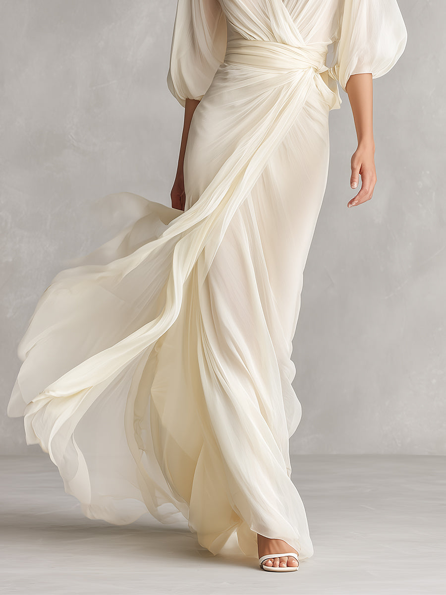 Ivory Sheer Chiffon Puff Sleeve Wrap Maxi Dress