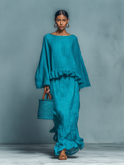 Linen Blend Blouse & Straight Skirt Set