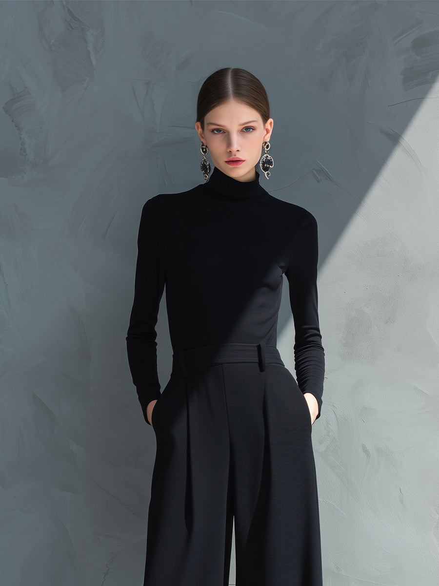 Black Classic Knit Turtleneck Wide-Leg Jumpsuit