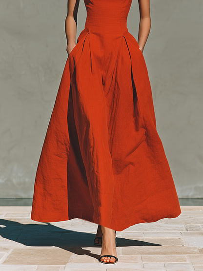Red Linen Halter Neck Pleated Skirt Maxi Dress
