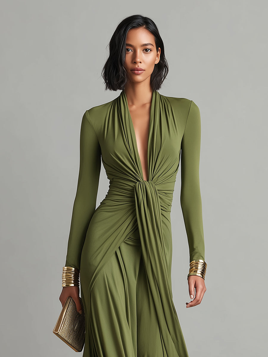 Olive Silky Deep V-Neck Ruched Maxi Dress