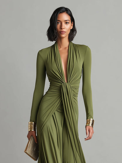 Olive Silky Deep V-Neck Ruched Maxi Dress