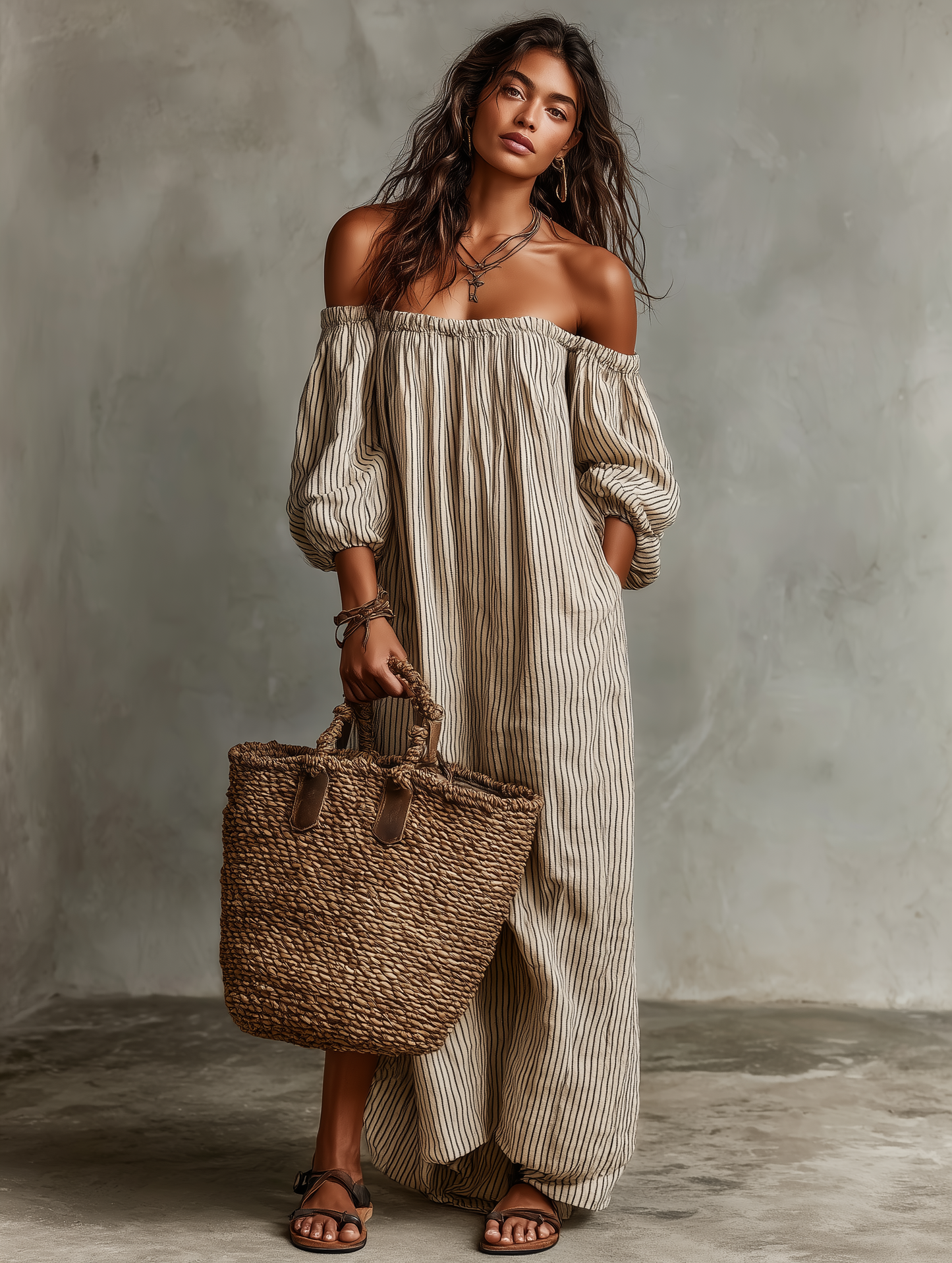 Cotton-Linen Off-Shoulder Long Sleeve Maxi Dress