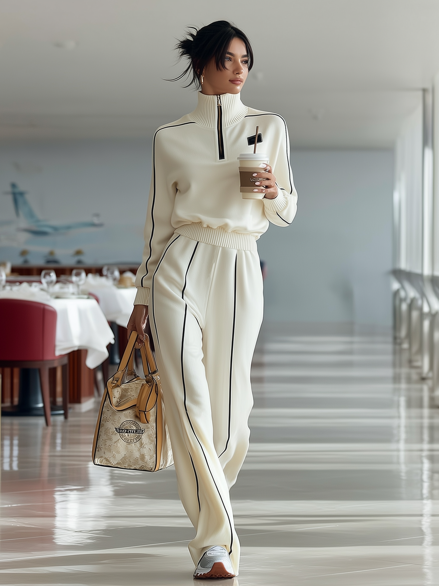Ribbed Black Trim Zipper Half Turtleneck Sports Set