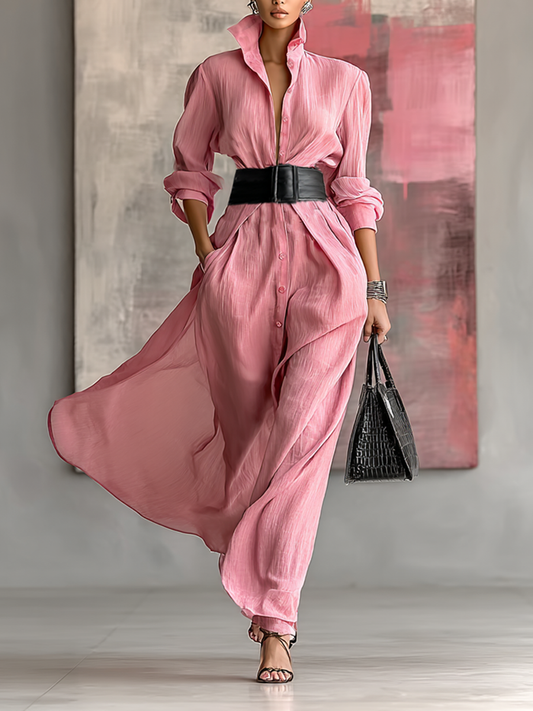 Lapel Long Sleeve Single-Breasted Belted Maxi Shirt Dress
