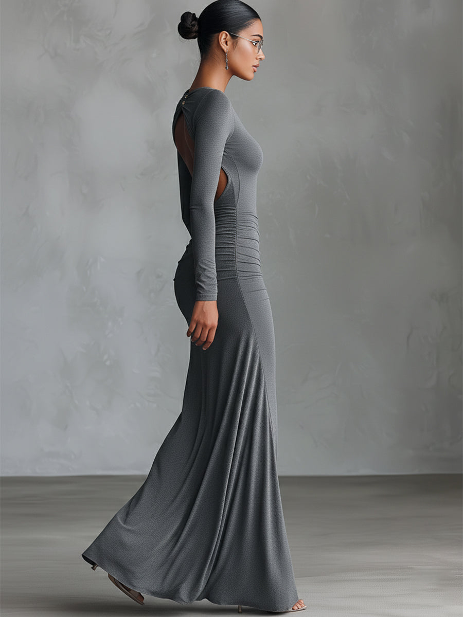 Women's Grey Ruched Open-Back Maxi Dress