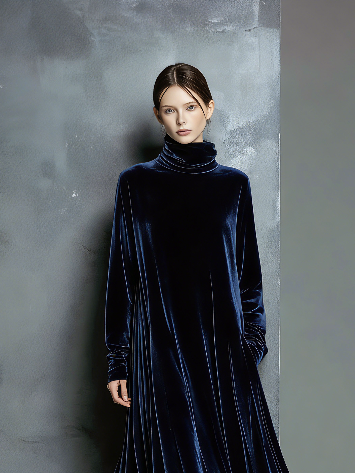 Velvet High-Neck Long Sleeve Maxi Dress
