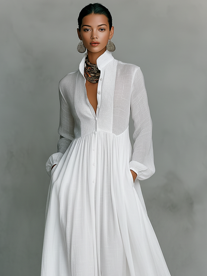 Cotton-Linen Patchwork Stand Collar Maxi Dress