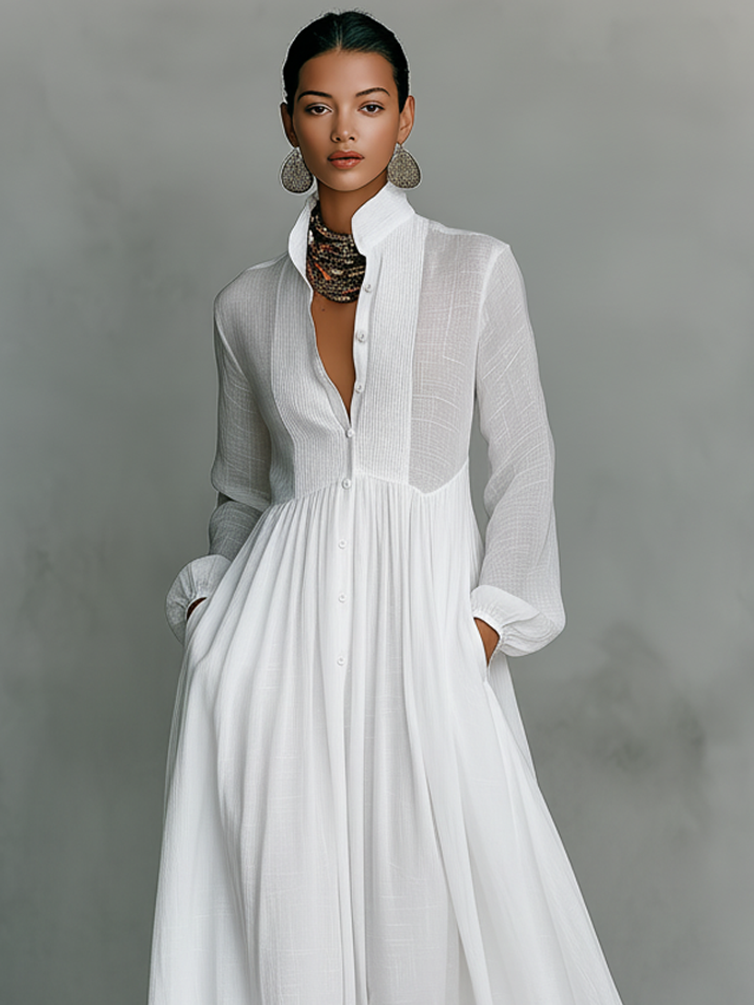 Minimalist High Neck Long Sleeve Linen Patchwork Maxi Dress