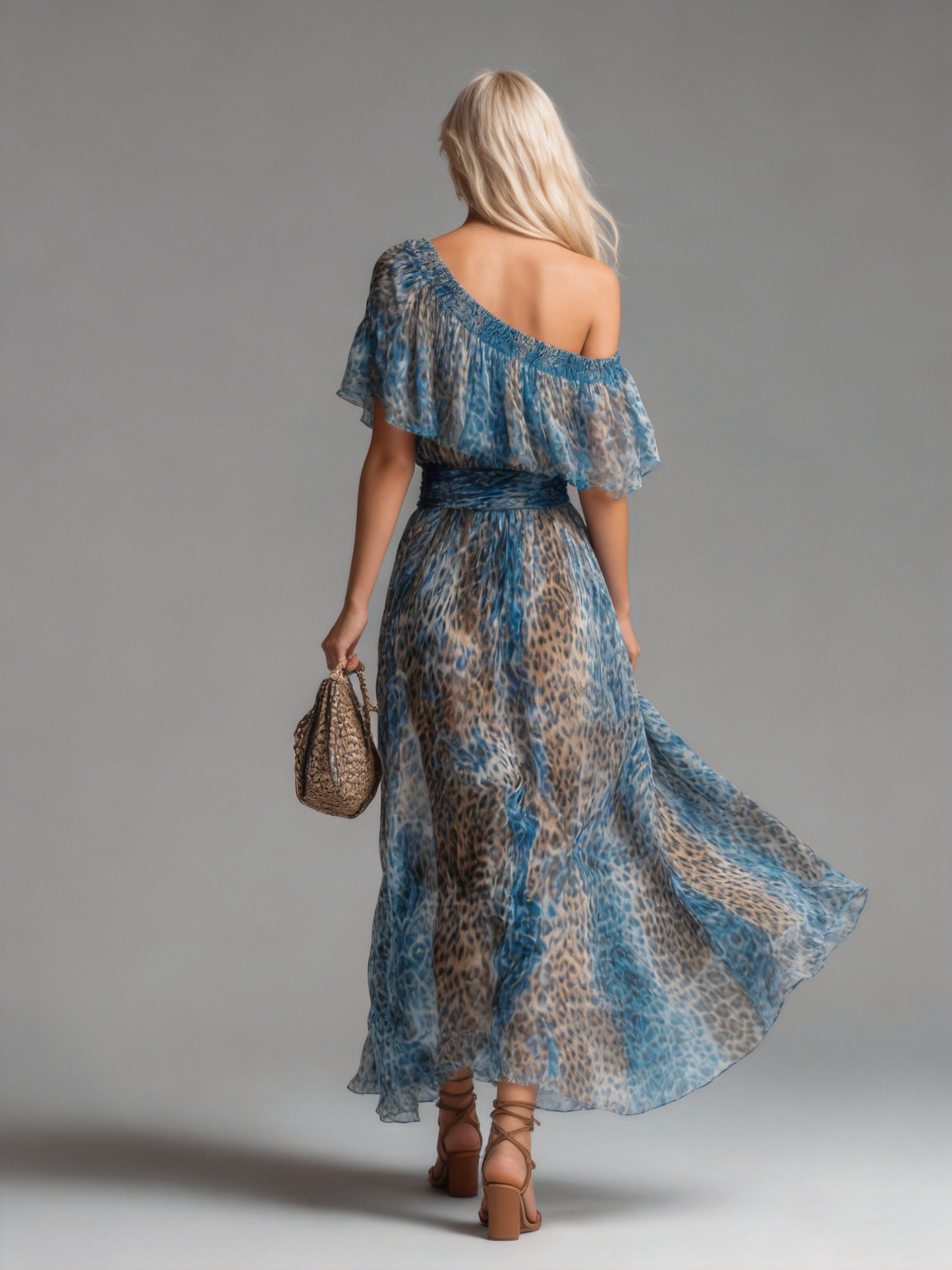 Selvaggia | Abito lungo in chiffon con stampa leopardata e spalle scoperte
