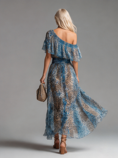 Selvaggia | Abito lungo in chiffon con stampa leopardata e spalle scoperte