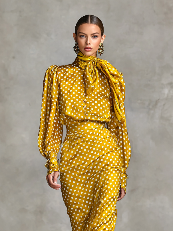 Vintage Satin Polka Dot Print Shirt & Skirt Set
