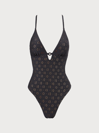 Black Floral Cutout One Piece Swimwear
