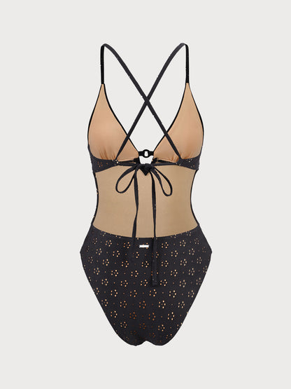 Black Floral Cutout One Piece Swimwear