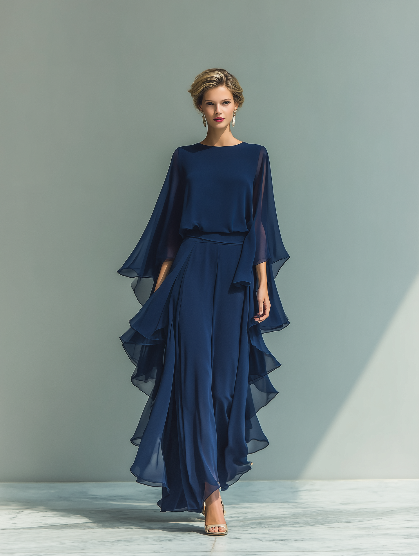 Navy Chiffon Flared Sleeve Top & Straight-Leg Trousers Set