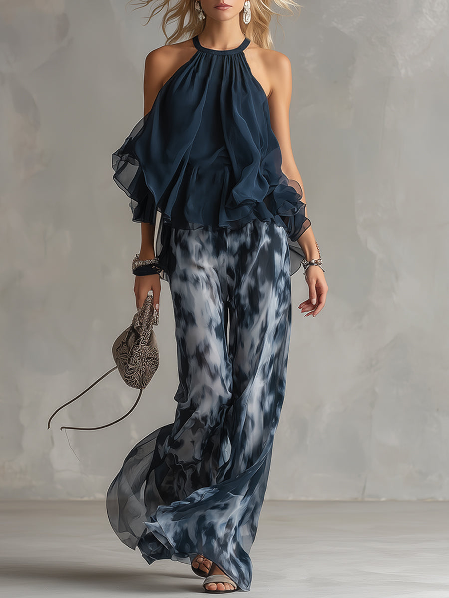 Ludovica - elegant chiffon dress with high neck top and wide printed trousers