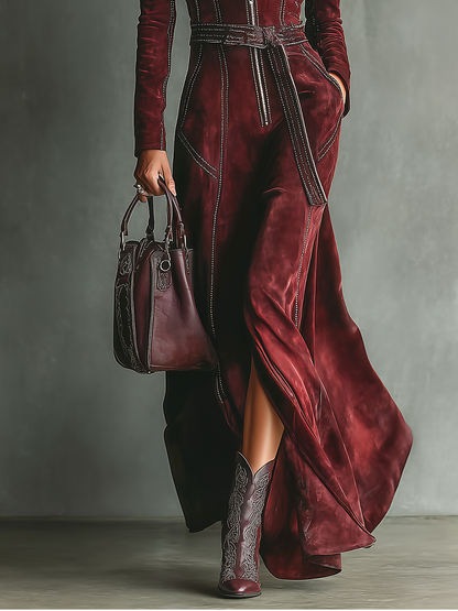 Burgundy Retro Faux Suede Colour-Contrast Maxi Dress