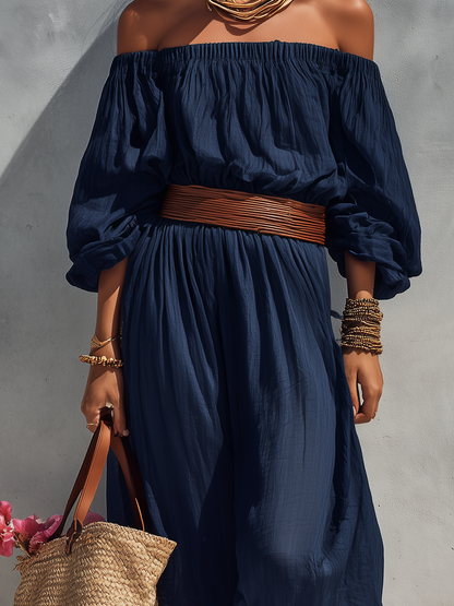 Dark Blue Cotton-Linen Strapless Long Sleeve Dress