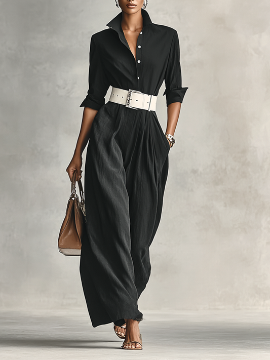 Lapel Single-Breasted Long Sleeve Belted Jumpsuit