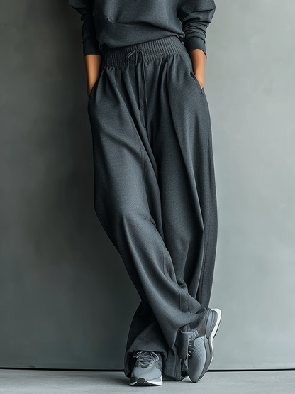 Charcoal Knit Turtleneck Oversized Top & Wide-Leg Pants Set