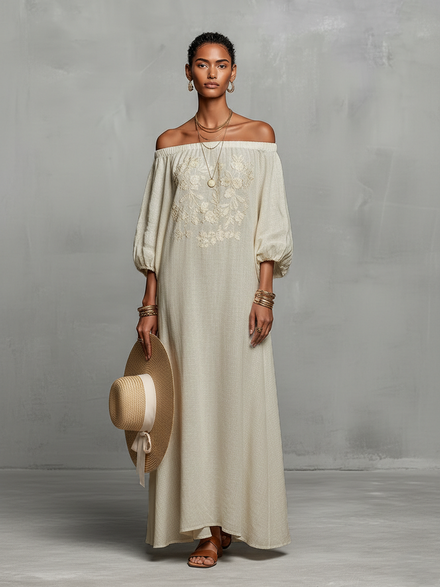 Off-Shoulder Three-Quarter Sleeve Embroidered Maxi Dress