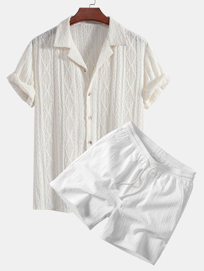 Geometric Jacquard Eyelet Cuban Shirt & Crinkle Textured Drawstring 5" Shorts
