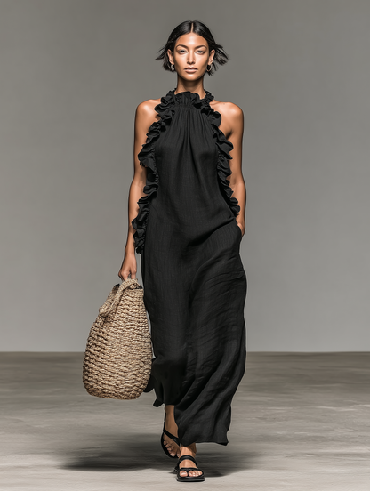 Linen Blend Sleeveless Ruffle Maxi Dress