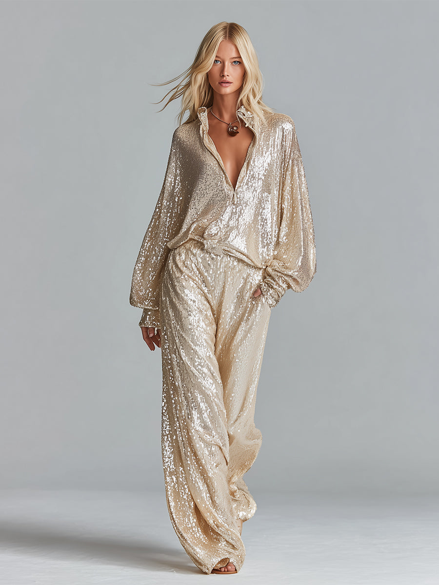 Gold Sequin Collared Half-Zip Wide-Leg Loungewear Set
