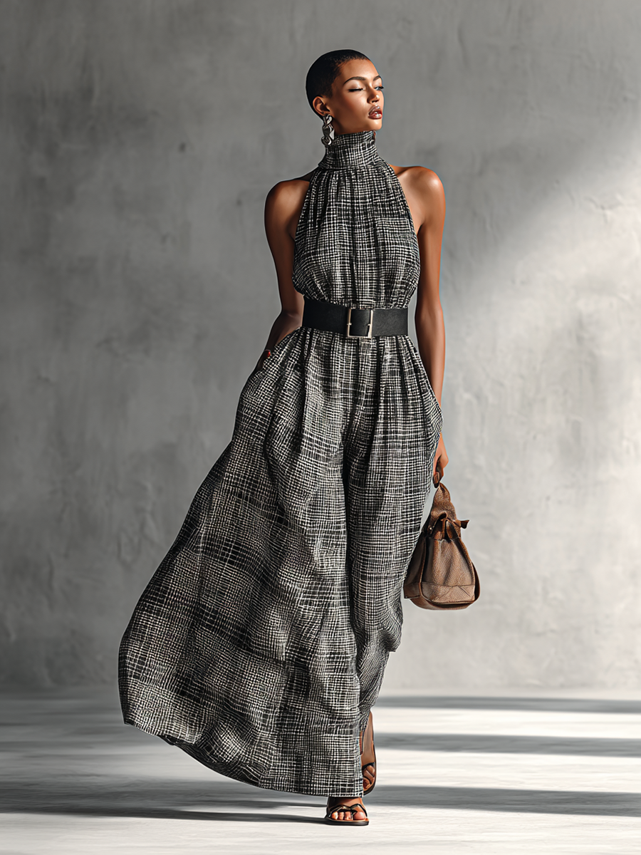 Plaid High Collar Sleeveless Belted Maxi Dress
