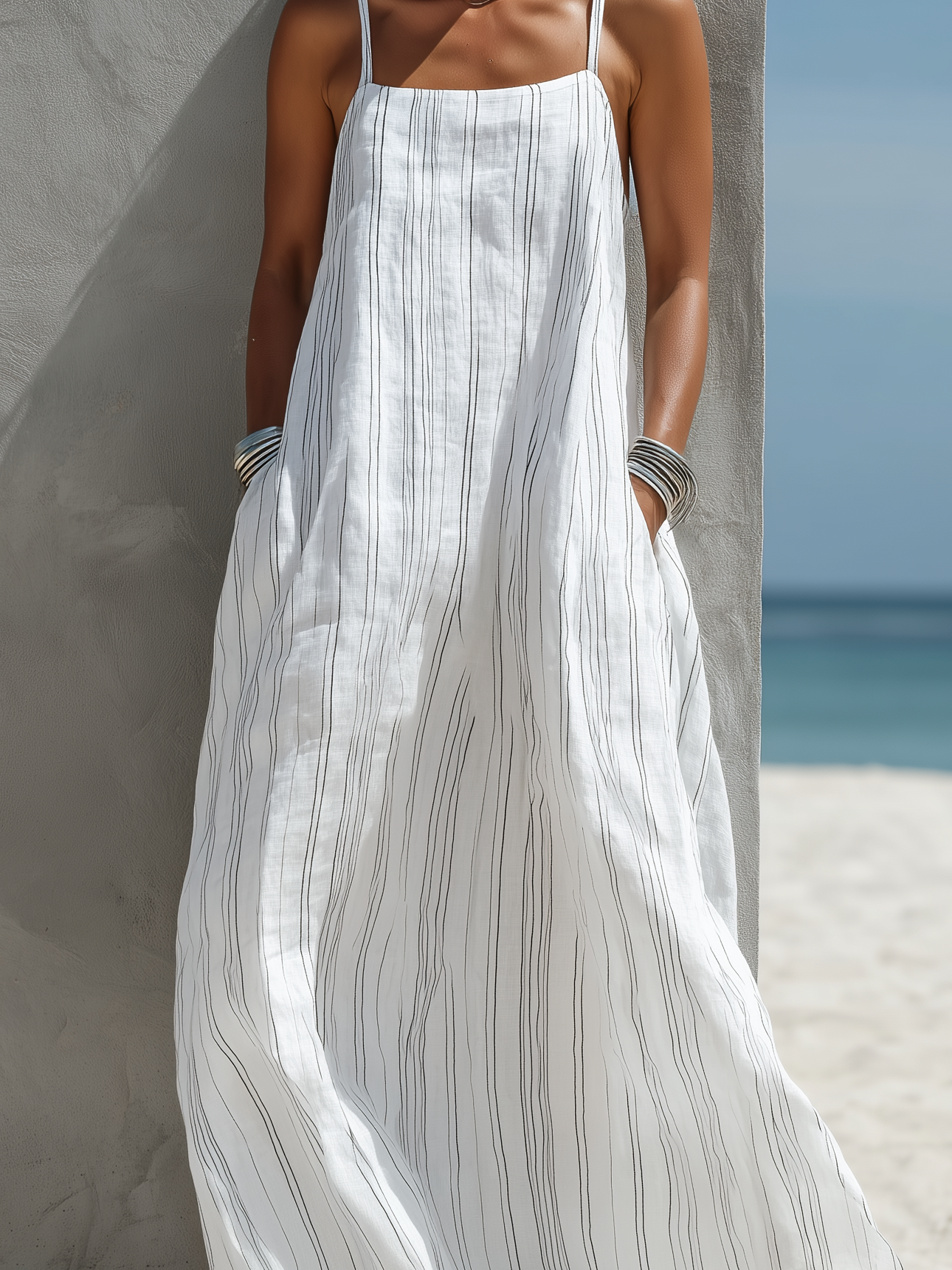 Striped Woven Sleeveless Loose Maxi Dress