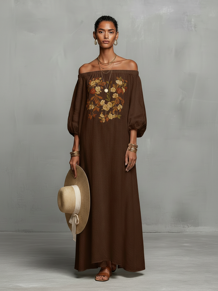 Off-Shoulder Three-Quarter Sleeve Embroidered Maxi Dress
