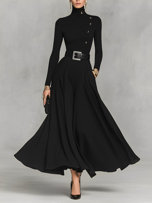 Black Knit High Neck Button Detail Maxi Dress