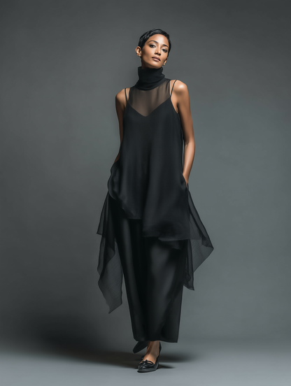 Acetate Slip Dress With Chiffon Overlay Maxi Dress