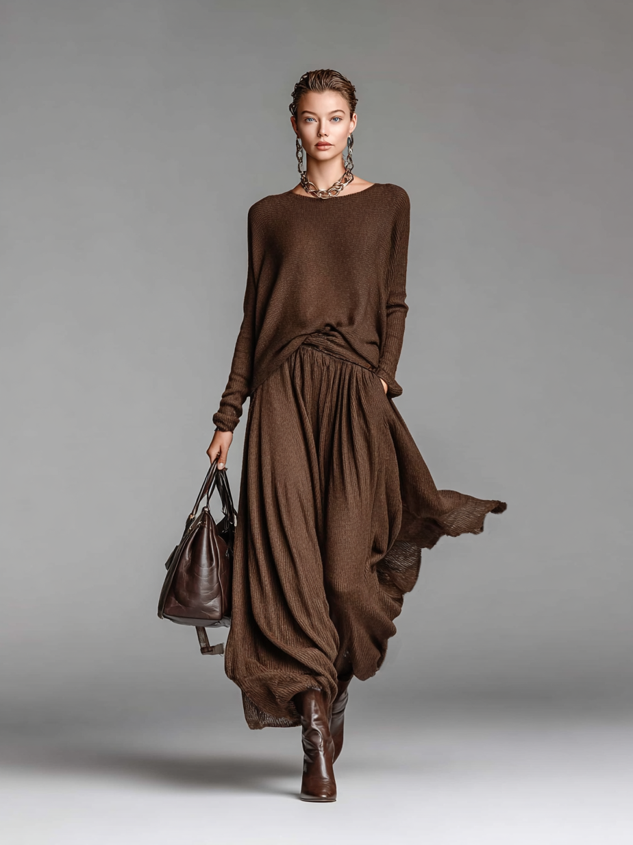 Round Neck Knitted Sweater & Skirt Set