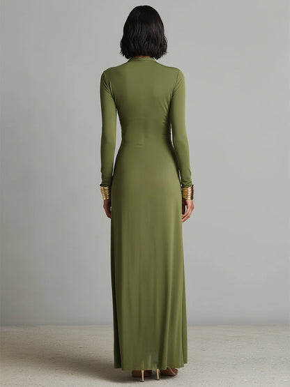 Olive Silky Deep V-Neck Ruched Maxi Dress
