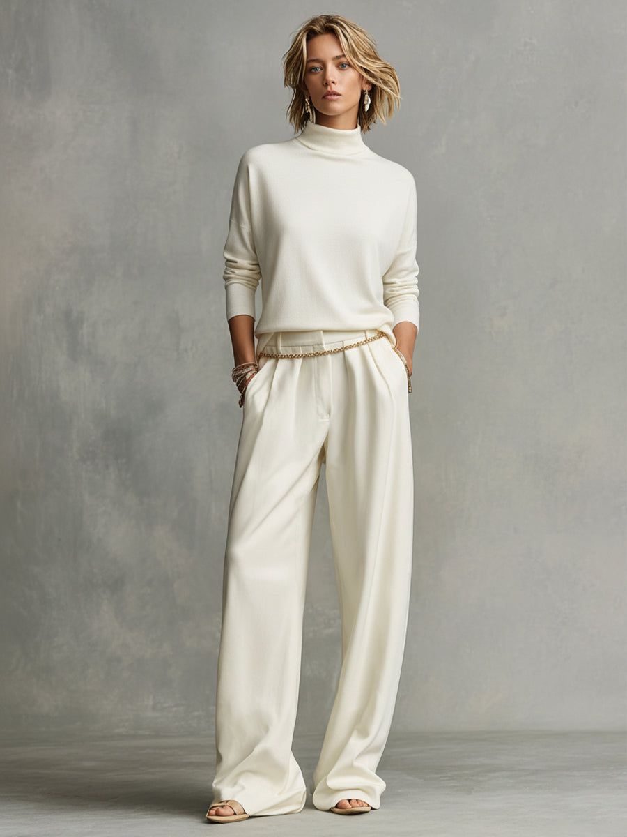 Women’s Cream Knit Top & Wide-Leg Pants Set