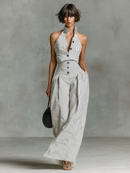 Striped Linen Sleeveless Jumpsuit