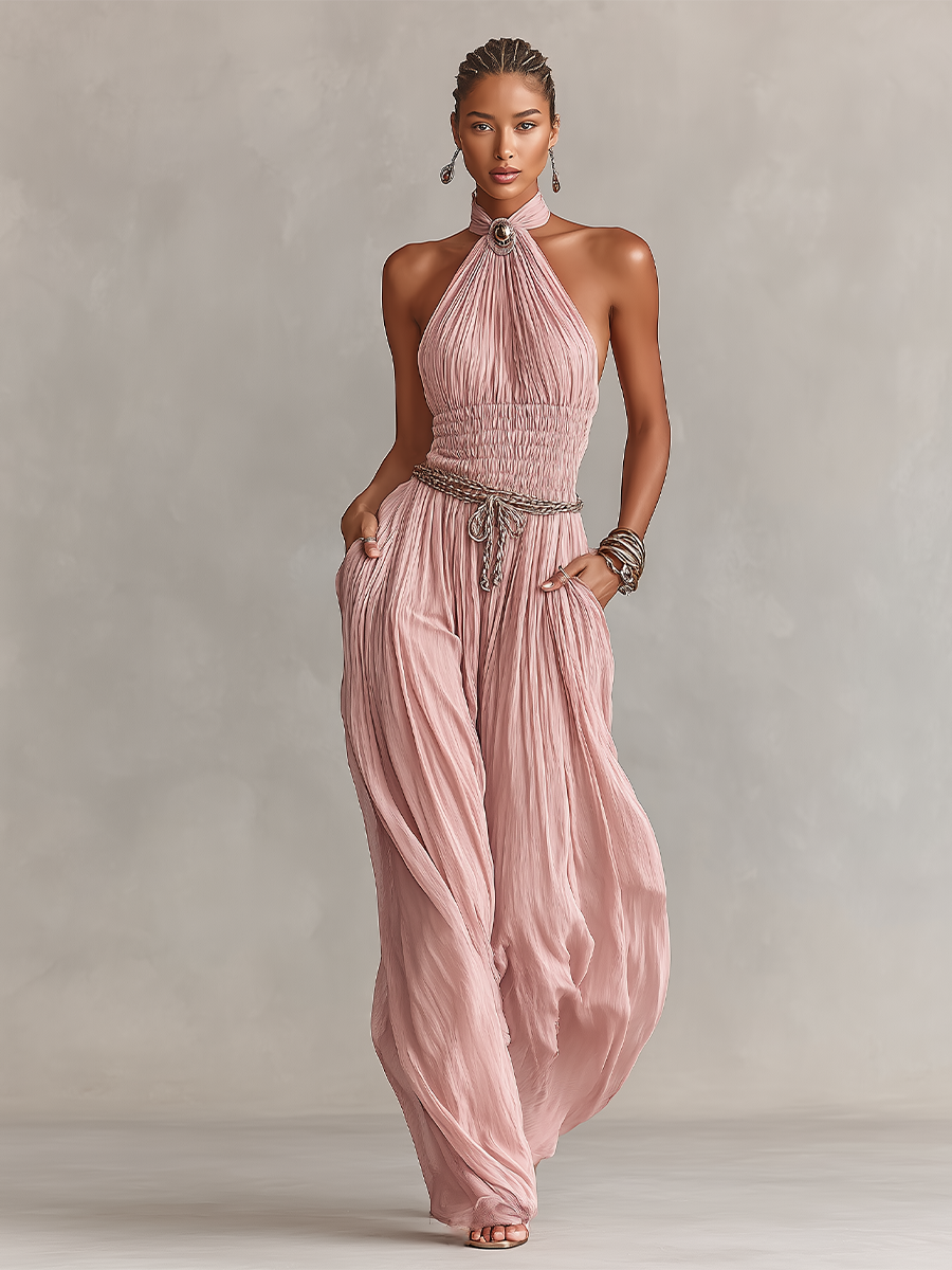 Blush Pleated Halter Neck Ruched Waist Jumpsuit