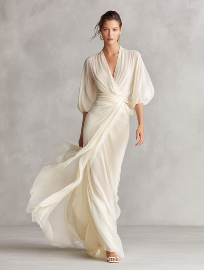 Ivory Sheer Chiffon Puff Sleeve Wrap Maxi Dress