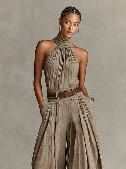 Taupe Cotton Halter Neck Wide-Leg Jumpsuit