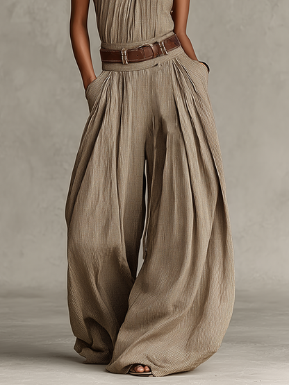 Taupe Cotton Halter Neck Wide-Leg Jumpsuit
