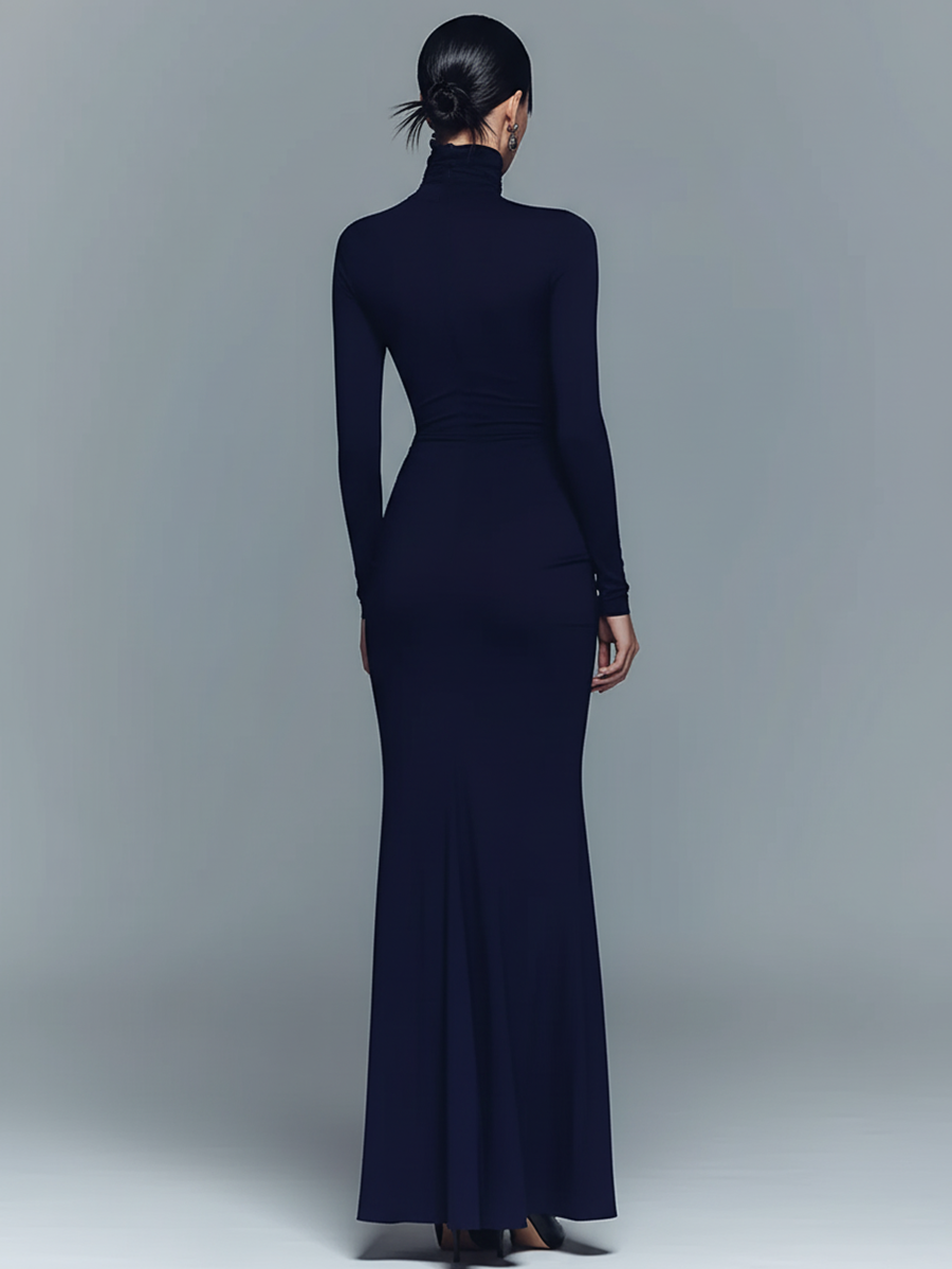Navy Stretch Turtleneck Draped Maxi Dress
