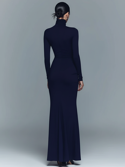 Navy Stretch Turtleneck Draped Maxi Dress