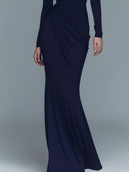 Navy Stretch Turtleneck Draped Maxi Dress