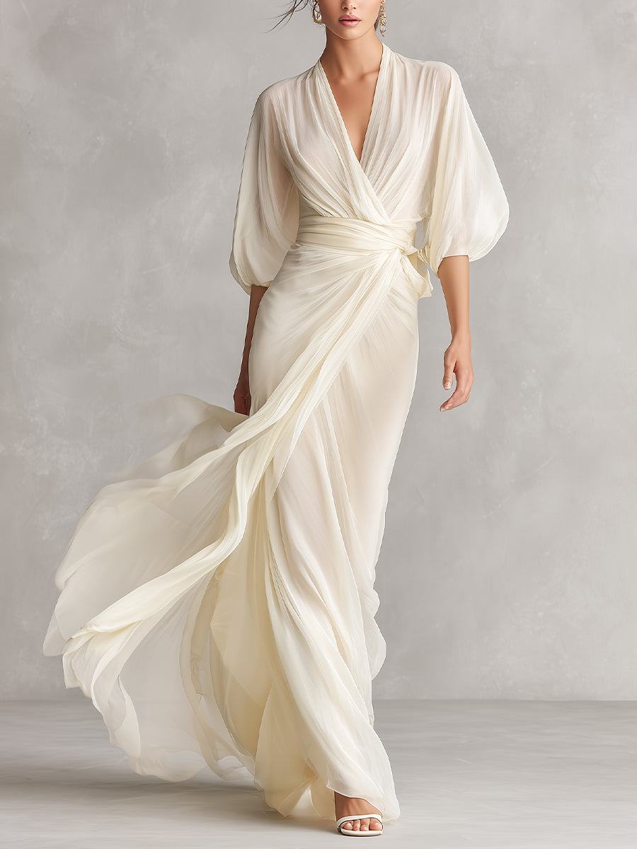 Ivory Sheer Chiffon Puff Sleeve Wrap Maxi Dress