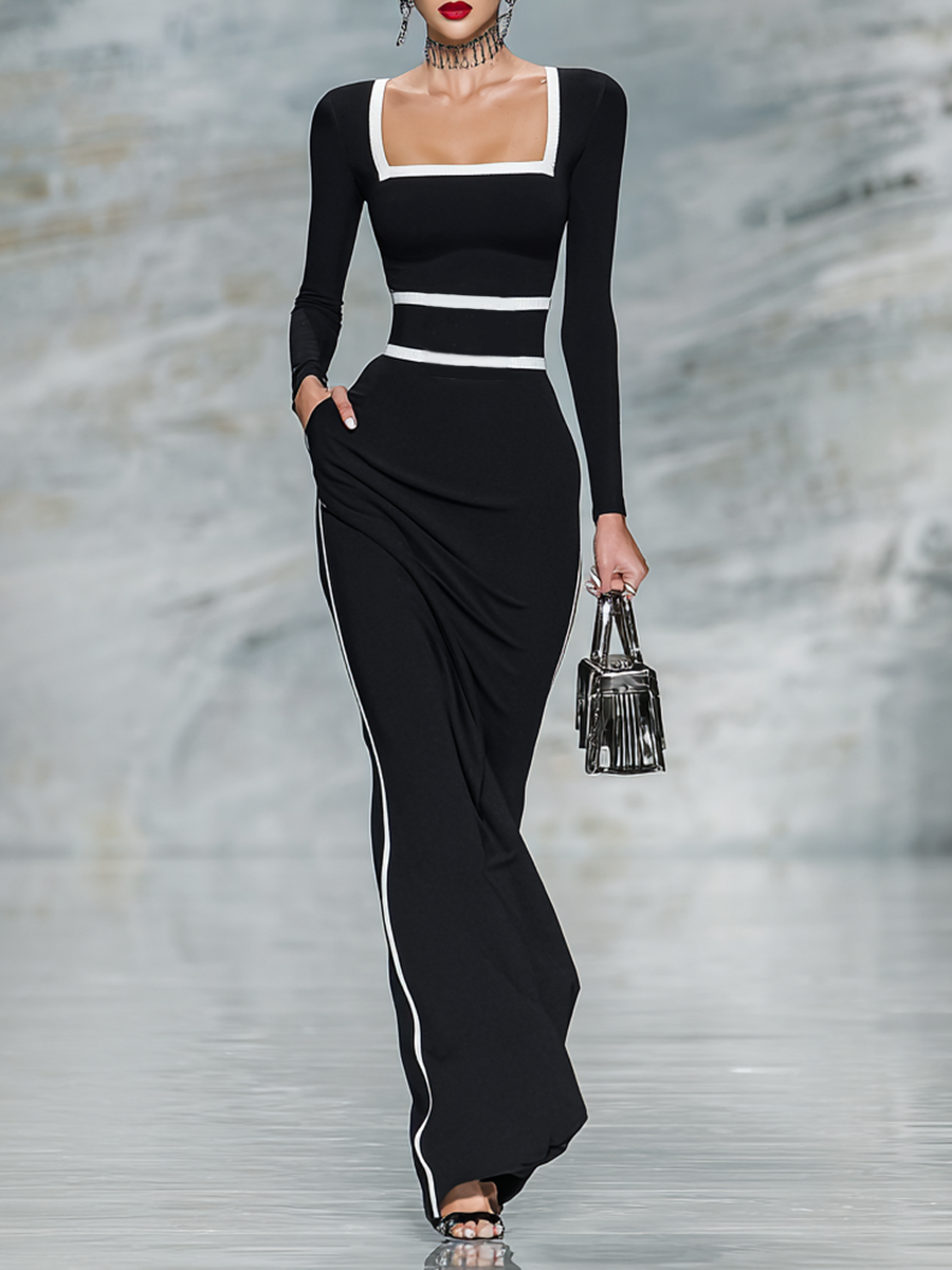 Black & White Trim Square Neck Long Sleeve Fitted Maxi Dress