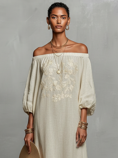 Off-Shoulder Three-Quarter Sleeve Embroidered Maxi Dress
