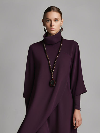 Draped Jersey Turtleneck Embroidered Maxi Dress